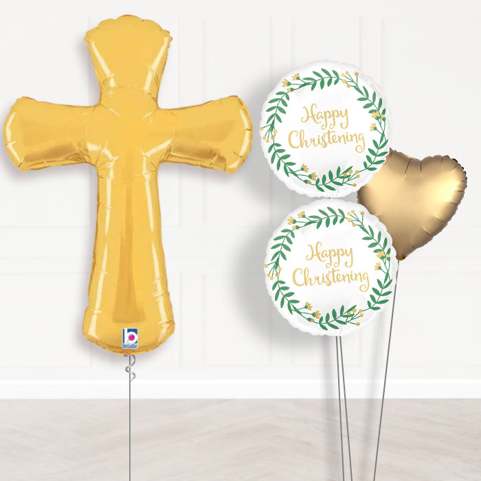Gold Christening Cross Helium Balloon Bouquet Delivery-Giant Balloon + 2 Themed Balloons + 1 Plain Balloon 