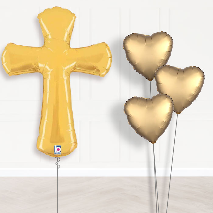 Gold Christening Cross Helium Balloon Bouquet Delivery - 1 x Giant Balloon with Plain Bouquet | Party Save Smile