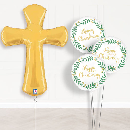 Gold Christening Cross Helium Balloon Bouquet Delivery - 1 x Giant Balloon with Themed Bouquet | Party Save Smile