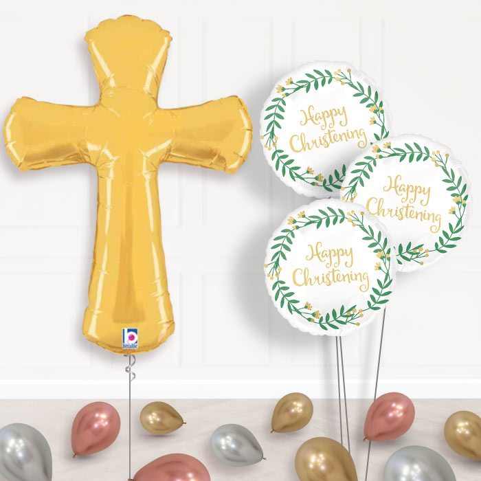 Gold Christening Cross Helium Balloon Bouquet Delivery - 1 x Giant Balloon with Themed Bouquet and Latex | Party Save Smile