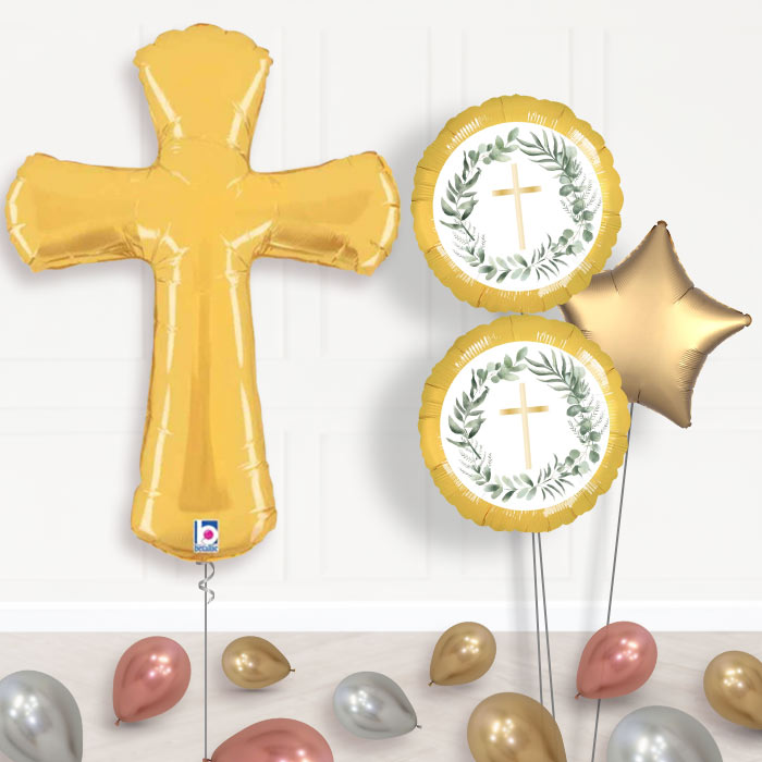 Gold Cross Shaped Balloon Bouquet Delivery-Giant Balloon + 2 Themed Balloons + 1 Plain Balloon + Mini Balloons 