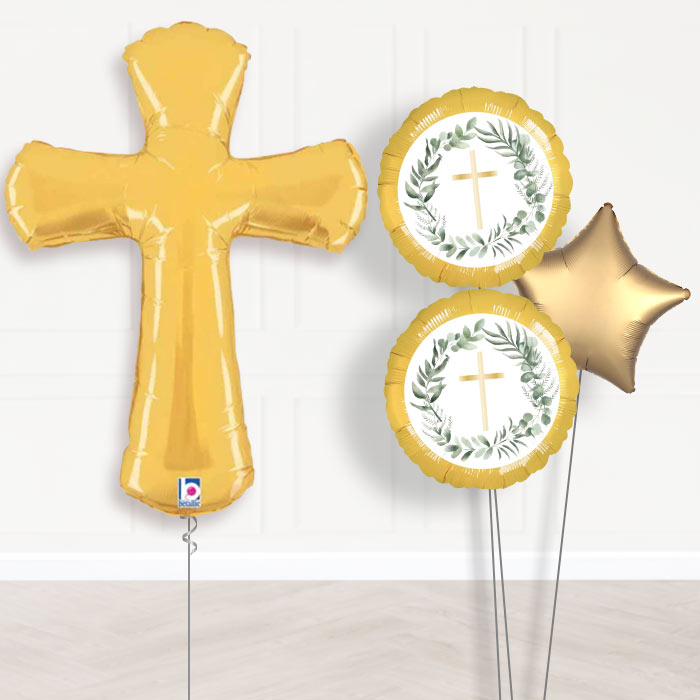 Gold Cross Shaped Balloon Bouquet Delivery-Giant Balloon + 2 Themed Balloons + 1 Plain Balloon 