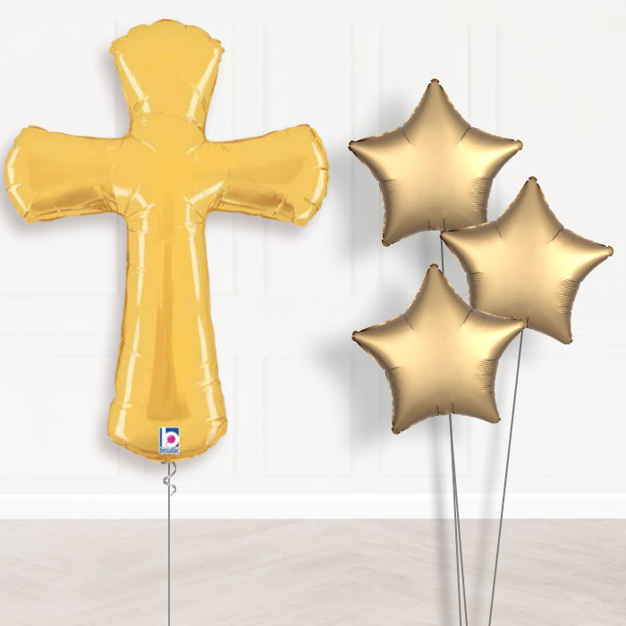 Gold Cross Shaped Balloon Bouquet Delivery - 1 x Giant Balloon with Plain Bouquet | Party Save Smile