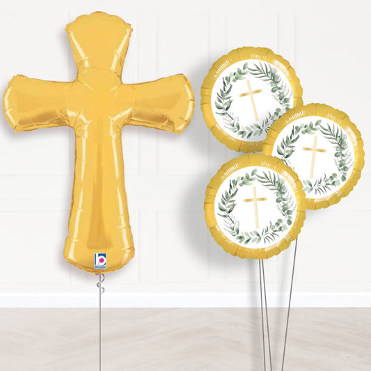 Gold Cross Shaped Balloon Bouquet Delivery - 1 x Giant Balloon with Themed Bouquet | Party Save Smile