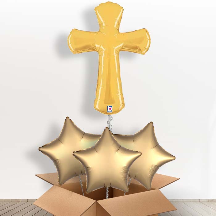 Gold Cross Shaped Helium Balloon in a Box - with 3 Plain Balloons | Party Save Smile