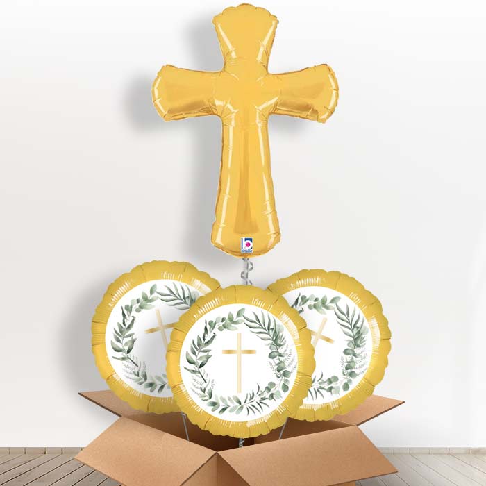 Gold Cross Shaped Helium Balloon in a Box - with 3 Themed Balloons | Party Save Smile