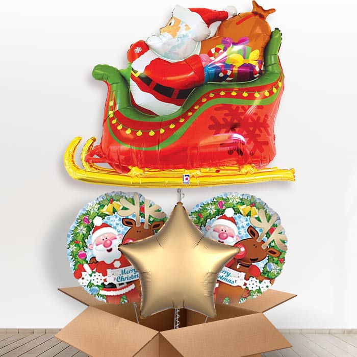 Santa Sleigh with Presents Helium Balloon in a Box-1 x Giant Balloon and 2 Themed Balloons and 1 Plain Balloon 