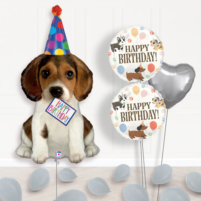 Dog Shaped Balloon Bouquet Delivery (Party Hat)-Giant Balloon + 2 Themed Balloons + 1 Plain Balloon + Mini Balloons 