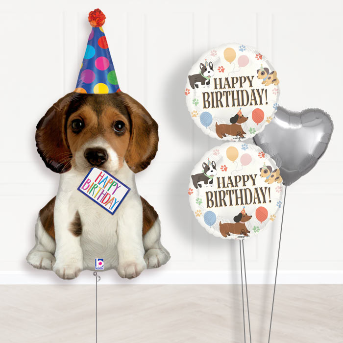 Dog Shaped Balloon Bouquet Delivery (Party Hat)-Giant Balloon + 2 Themed Balloons + 1 Plain Balloon 
