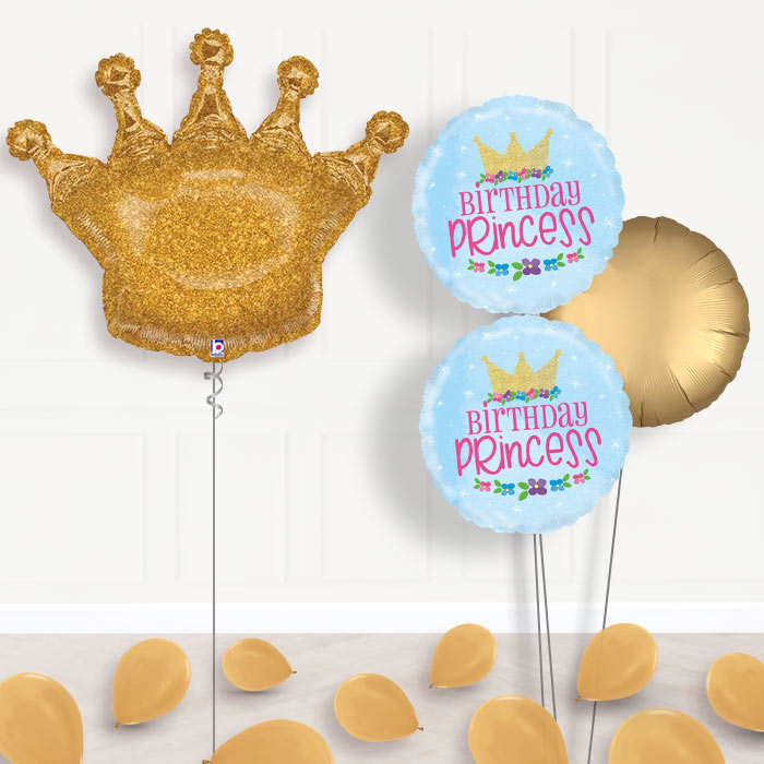 Gold Crown Inflated Helium Balloons Delivered-Giant Balloon + 2 Themed Balloons + 1 Plain Balloon + Mini Balloons 