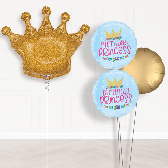 Gold Crown Inflated Helium Balloons Delivered-Giant Balloon + 2 Themed Balloons + 1 Plain Balloon 