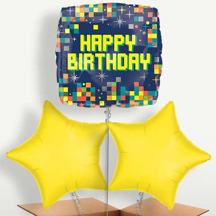 Pixel Happy Birthday Balloon Bunch inflated with Helium | Party Save Smile