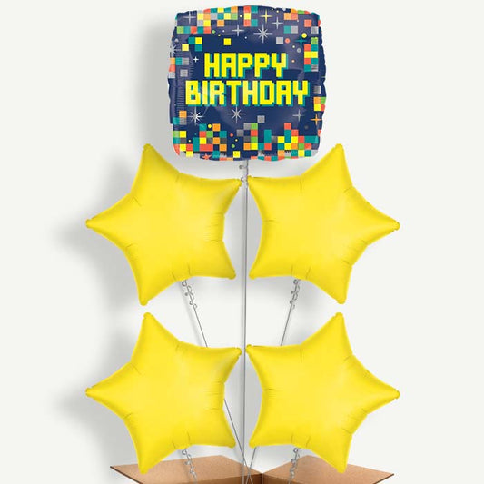 Pixel Happy Birthday Balloon Cluster Inflated with Helium | Party Save Smile