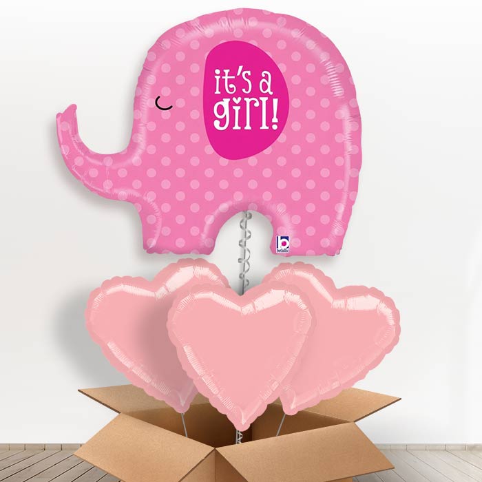 Pink Elephant Its a Girl Helium Balloon in a Box Gift - With 3 Plain Balloons | Party Save Smile