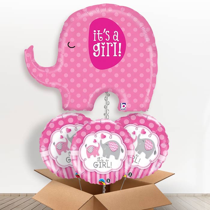 Pink Elephant Its a Girl Helium Balloon in a Box Gift - With 3 Themed Balloons | Party Save Smile