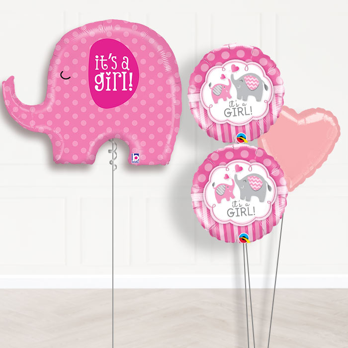 Pink Elephant Its a Girl Balloon Bouquet Delivered-Giant Balloon + 2 Themed Balloons + 1 Plain Balloon 
