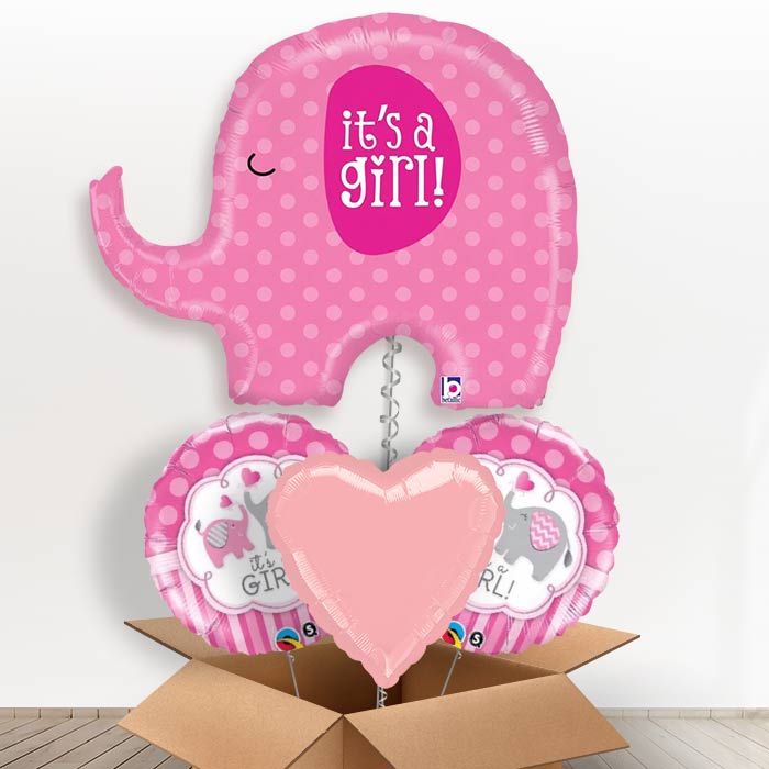 Pink Elephant Its a Girl Helium Balloon in a Box Gift-1 x Giant Balloon and 2 Themed Balloons and 1 Plain Balloon 