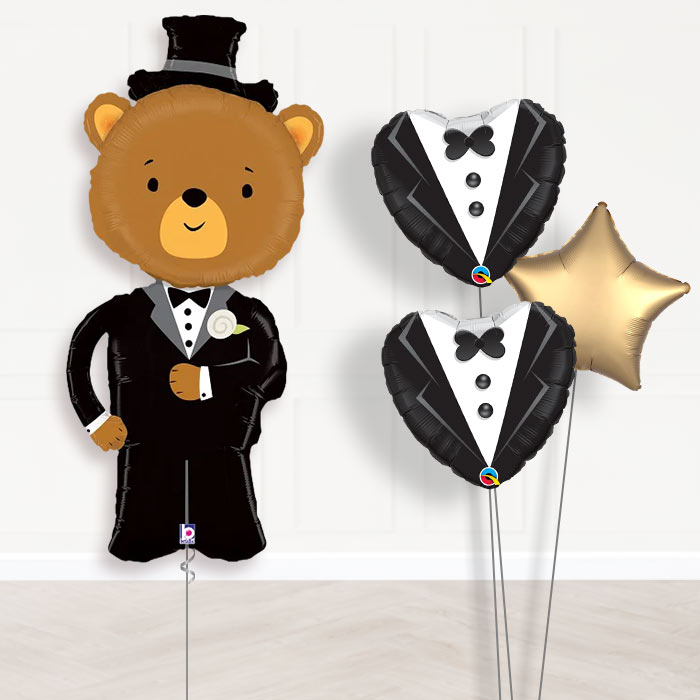 Groom Balloon Bouquet in a Box - Bear-Giant Balloon + 2 Themed Balloons + 1 Plain Balloon 