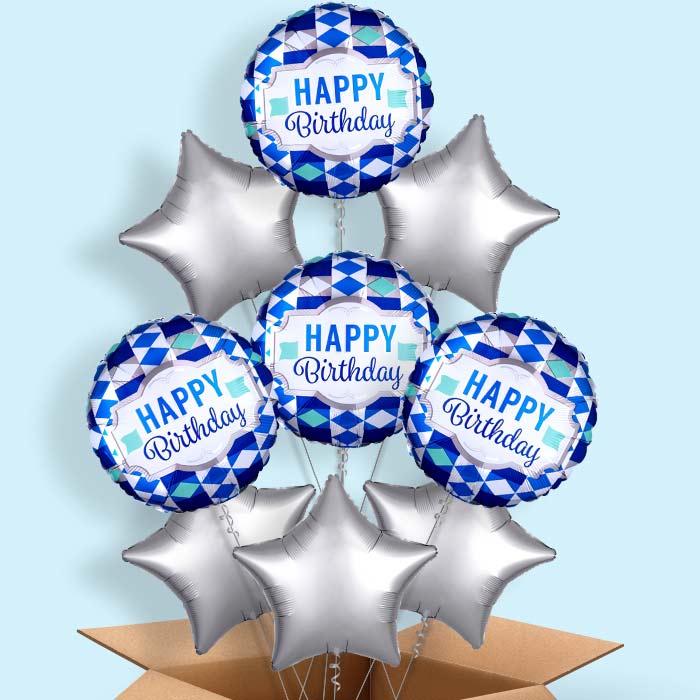Tie Pattern Happy Birthday Helium Balloon in a Box - 9 Balloons | Party Save Smile