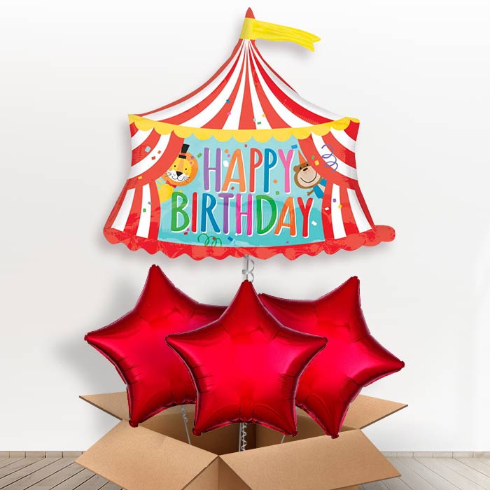 Circus Birthday Helium Balloons in a Box - With 3 Plain Balloons | Party Save Smile
