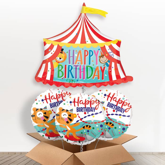 Circus Birthday Helium Balloons in a Box - With 3 Themed Balloons | Party Save Smile
