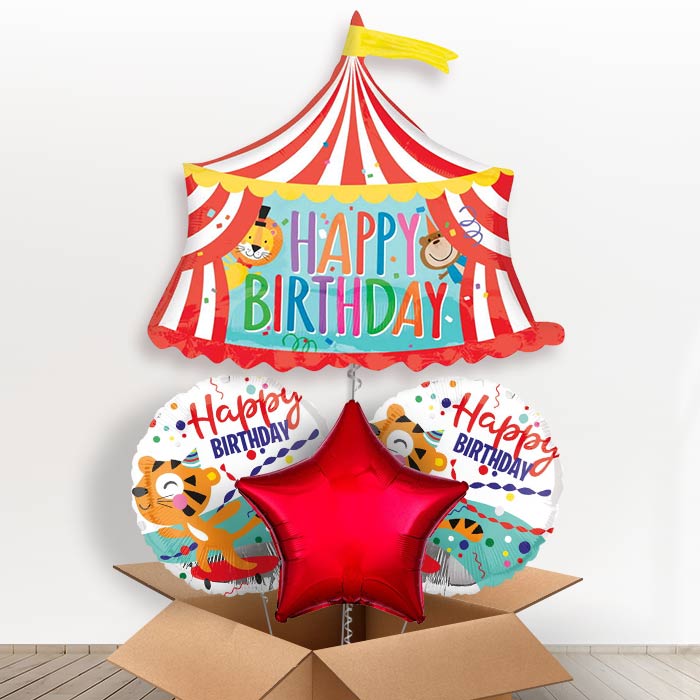 Circus Birthday Helium Balloons in a Box-1 x Giant Balloon and 2 Themed Balloons and 1 Plain Balloon 