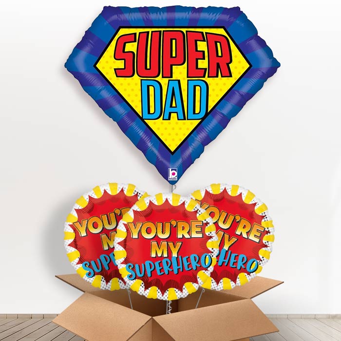 Giant Super Dad Helium Balloons in a Box - With 3 Themed Balloons | Party Save Smile