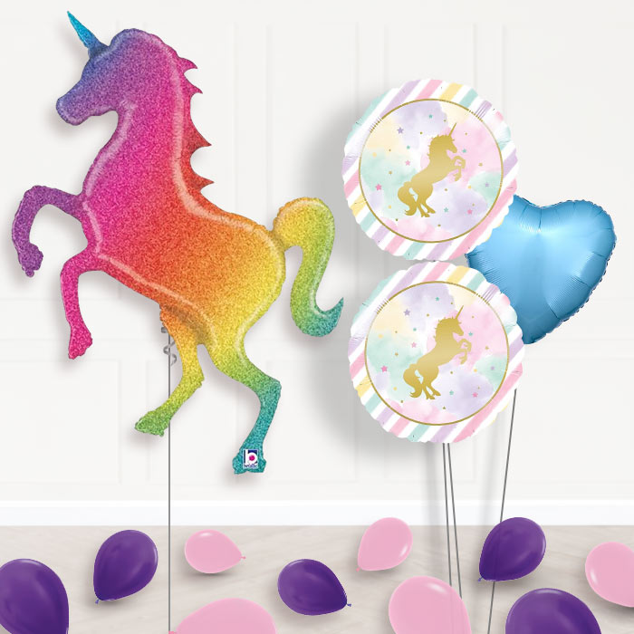 Shaped Unicorn Balloon Bouquet in a Box-Giant Balloon + 2 Themed Balloons + 1 Plain Balloon + Mini Balloons 