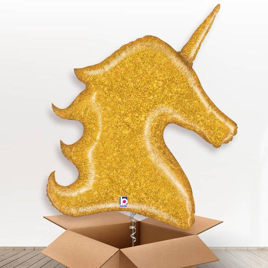 Gold Glitter Unicorn Head Helium Balloon in a Box - Giant Balloon | Party Save Smile