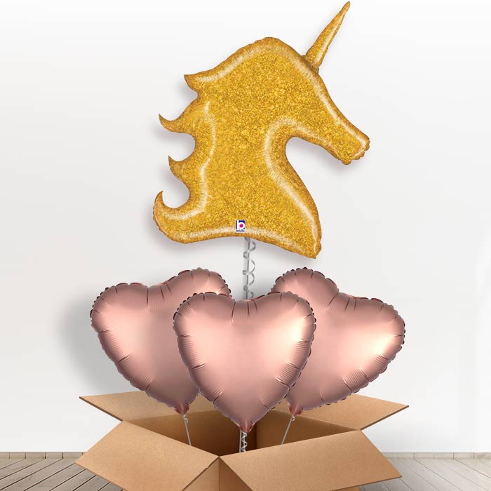 Gold Glitter Unicorn Head Helium Balloon in a Box - With 3 Plain Balloons | Party Save Smile