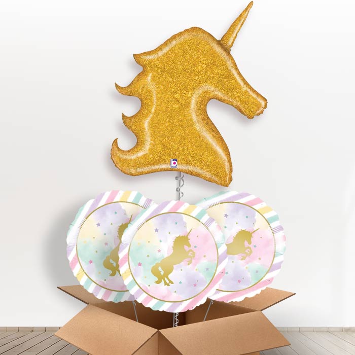 Gold Glitter Unicorn Head Helium Balloon in a Box - With 3 Themed Balloons | Party Save Smile