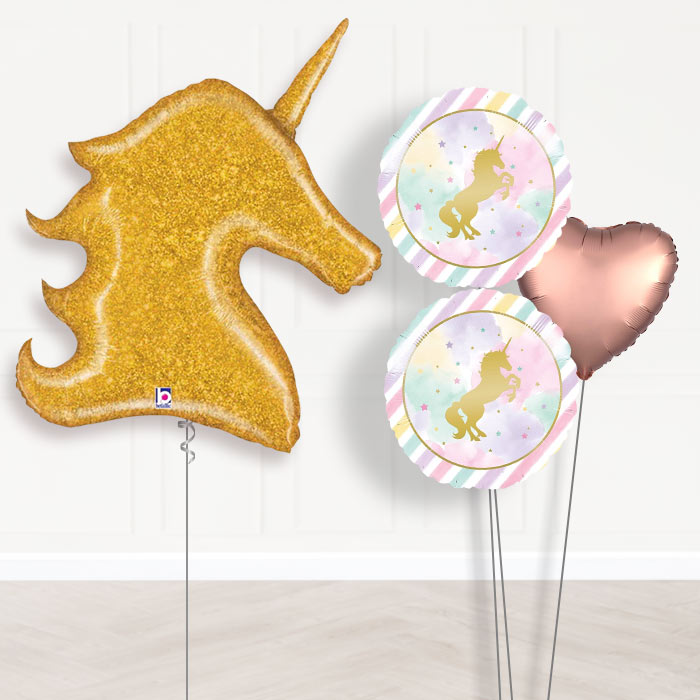 Gold Unicorn Balloon Bouquet Delivery in a Box-Giant Balloon + 2 Themed Balloons + 1 Plain Balloon 