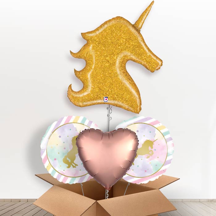 Gold Glitter Unicorn Head Helium Balloon in a Box-1 x Giant Balloon and 2 Themed Balloons and 1 Plain Balloon 