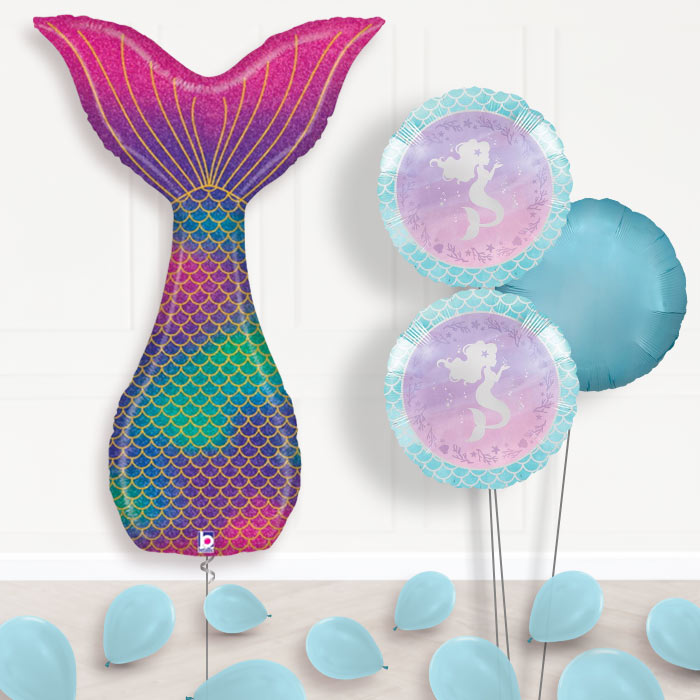 Mermaid Tail Balloon Bouquet in a Box-Giant Balloon + 2 Themed Balloons + 1 Plain Balloon + Mini Balloons 