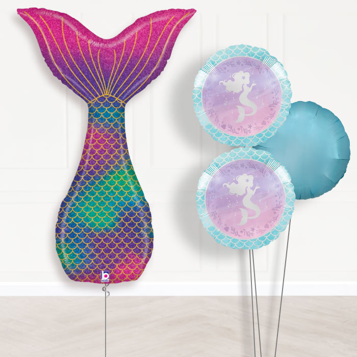Mermaid Tail Balloon Bouquet in a Box-Giant Balloon + 2 Themed Balloons + 1 Plain Balloon 