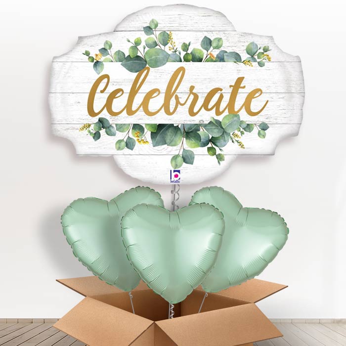 Rustic Wedding Helium Balloons in a Box - Eucalyptus - With 3 Plain Balloons | Party Save Smile