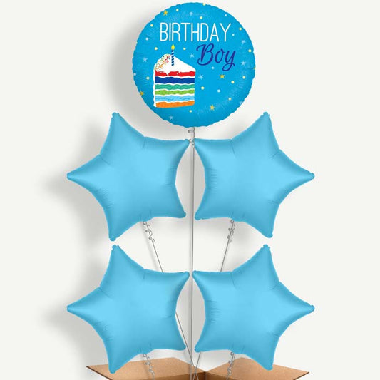 Birthday Boy Cake Blue Balloon Cluster Inflated with Helium | Party Save Smile