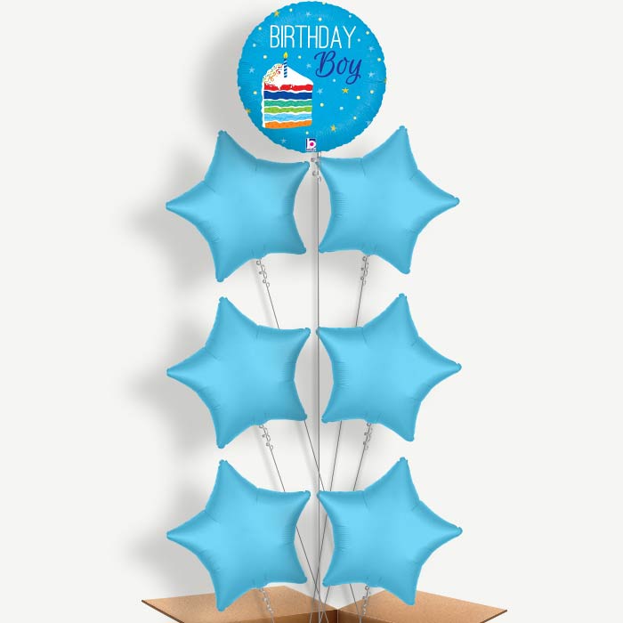 Birthday Boy Cake Blue Helium Balloon Arrangement | Party Save Smile