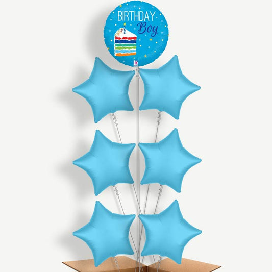 Birthday Boy Cake Blue Helium Balloon Arrangement | Party Save Smile