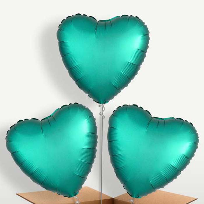 Jade Green Satin Heart Balloon Bunches inflated with Helium | Party Save Smile