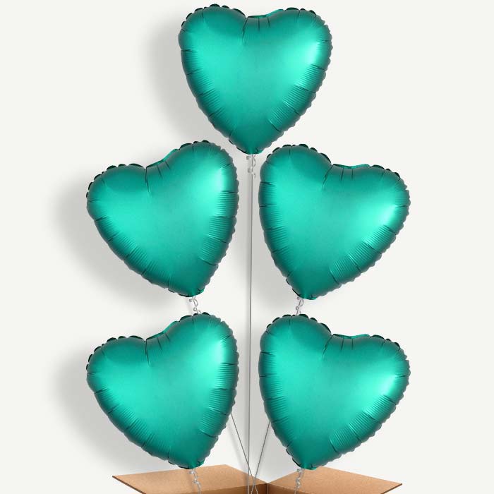 Jade Green Satin Heart Balloon Clusters Inflated with Helium | Party Save Smile