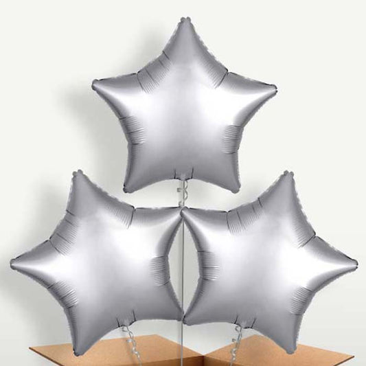 Platinum Grey Star Trio Balloon Bunch inflated with Helium | Party Save Smile