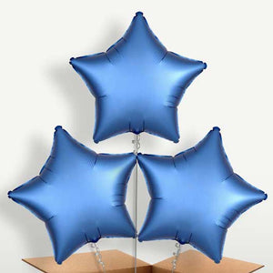 Azure Blue Satin Star Bunch of Balloons Inflated with Helium (Trio)