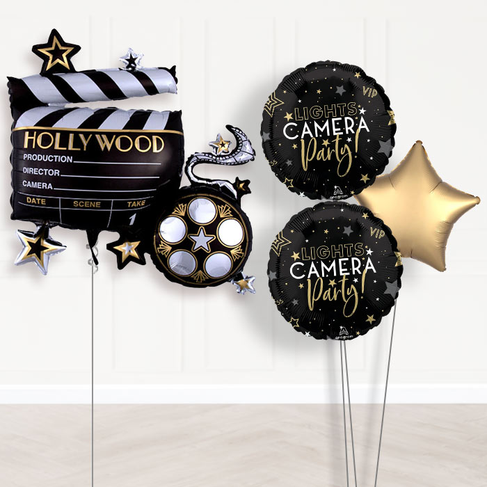 Lights Camera Action Balloon Bouquet Delivery-Giant Balloon + 2 Themed Balloons + 1 Plain Balloon 