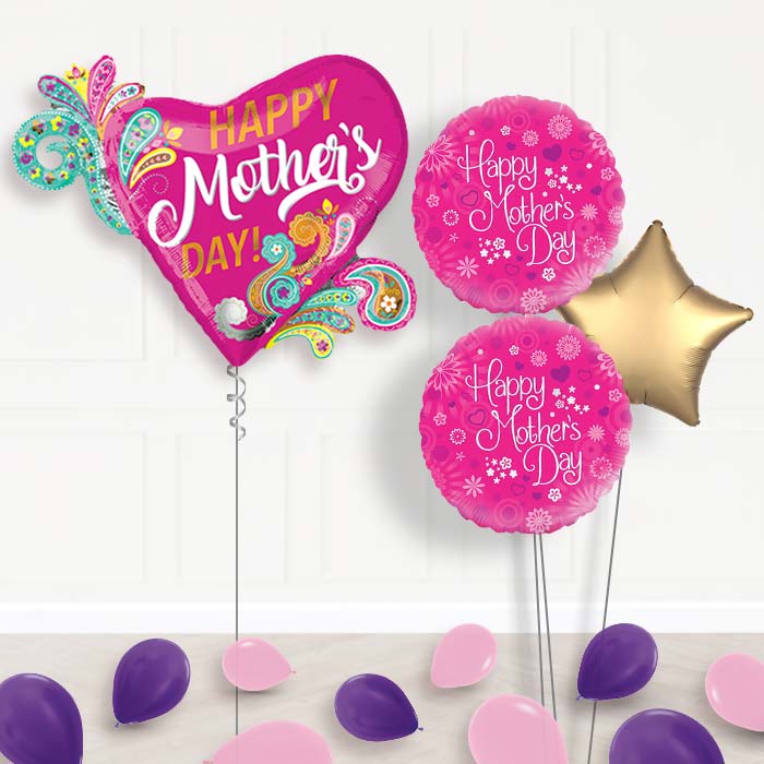 Mothers Day Balloon Bouquet in a Box - Hearts-Giant Balloon + 2 Themed Balloons + 1 Plain Balloon 