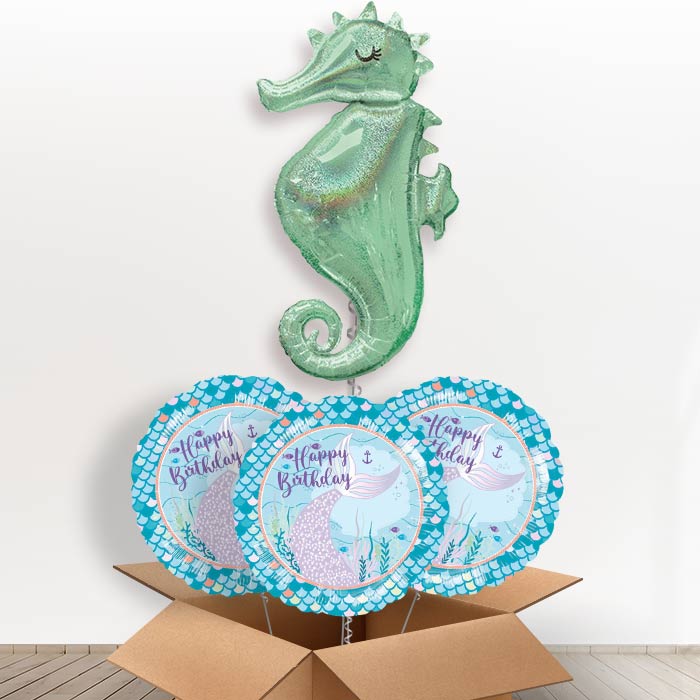 Seahorse Helium Balloon in a Box - With 3 Themed Balloons | Party Save Smile