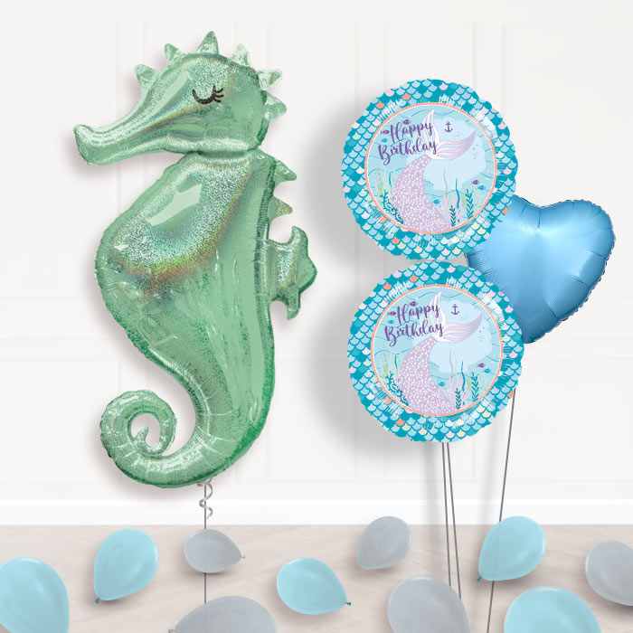 Seahorse Helium Balloon Bouquet Delivered-Giant Balloon + 2 Themed Balloons + 1 Plain Balloon + Mini Balloons 