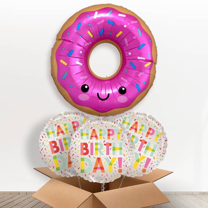 Giant Donut Helium Balloon in a Box - With 3 Themed Balloons | Party Save Smile