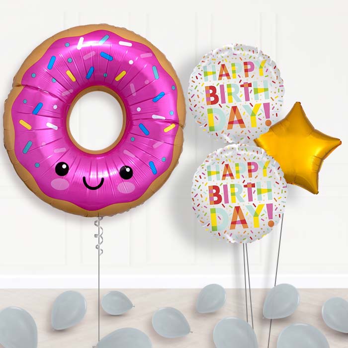 Giant Donut Balloon Bouquet Delivery-Giant Balloon + 2 Themed Balloons + 1 Plain Balloon + Mini Balloons 