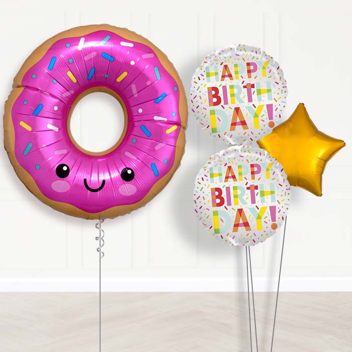 Giant Donut Balloon Bouquet Delivery-Giant Balloon + 2 Themed Balloons + 1 Plain Balloon 